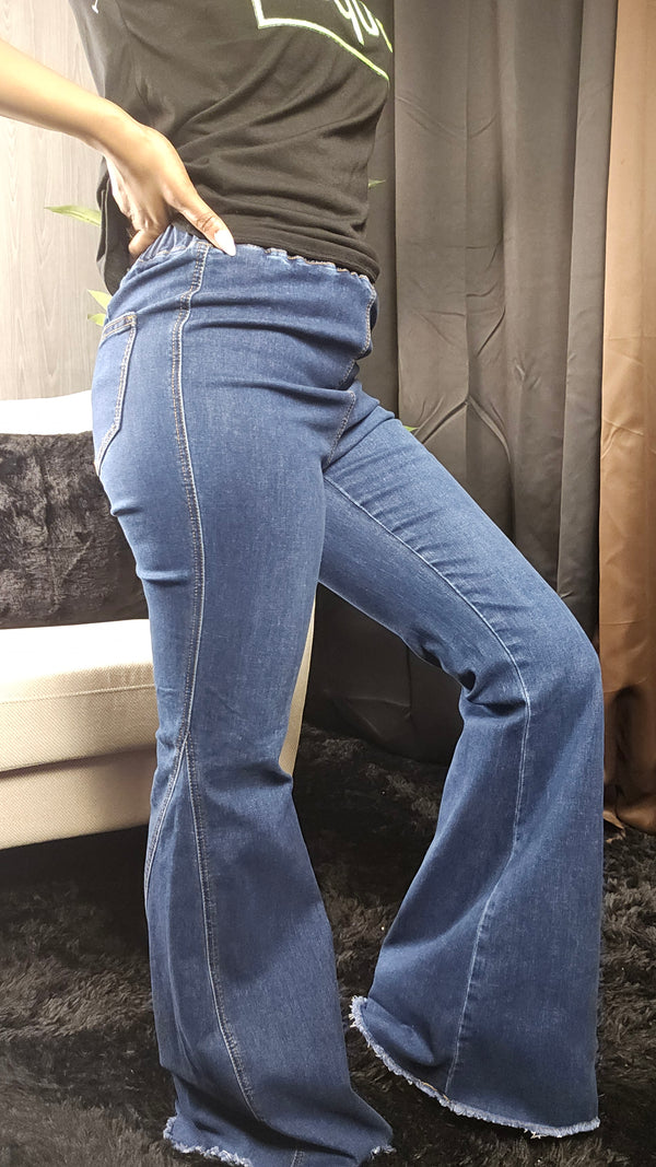 High-Rise Medium Wash Raw Hem Flare Jeans