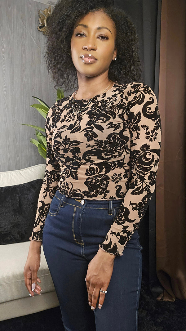 Flocked Damask Mesh Long Sleeve Top