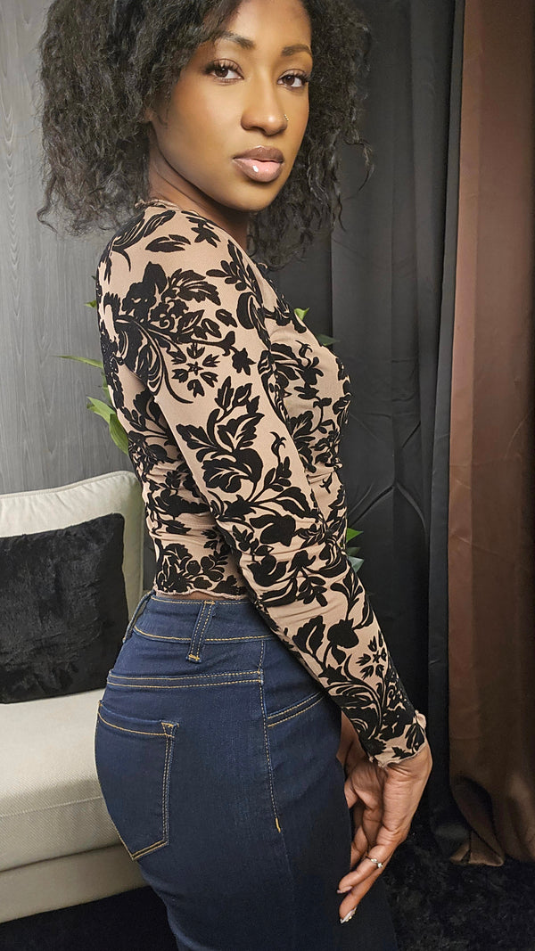 Flocked Damask Mesh Long Sleeve Top