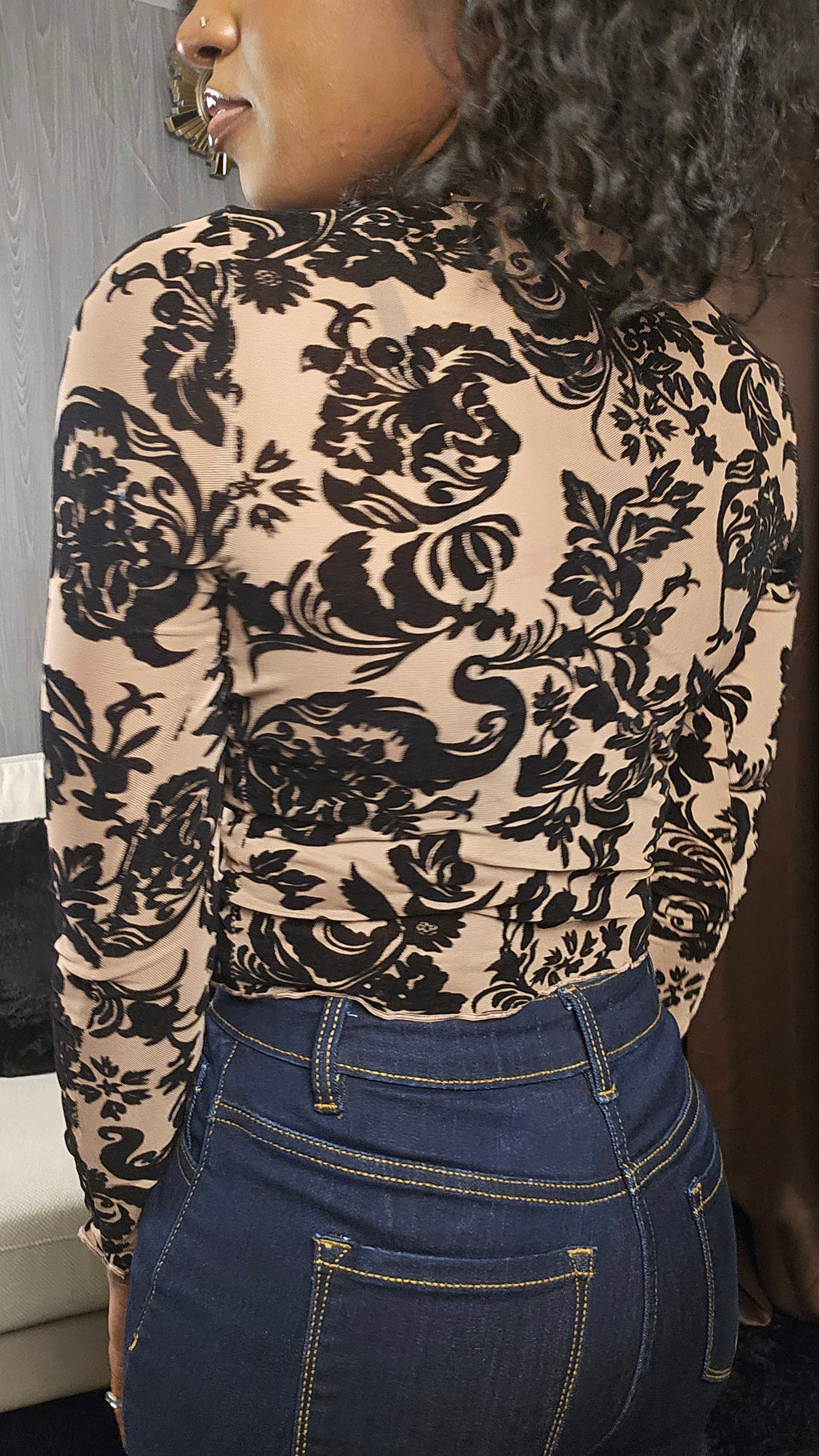 Flocked Damask Mesh Long Sleeve Top