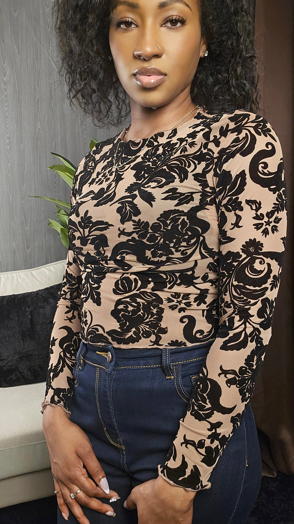 Flocked Damask Mesh Long Sleeve Top