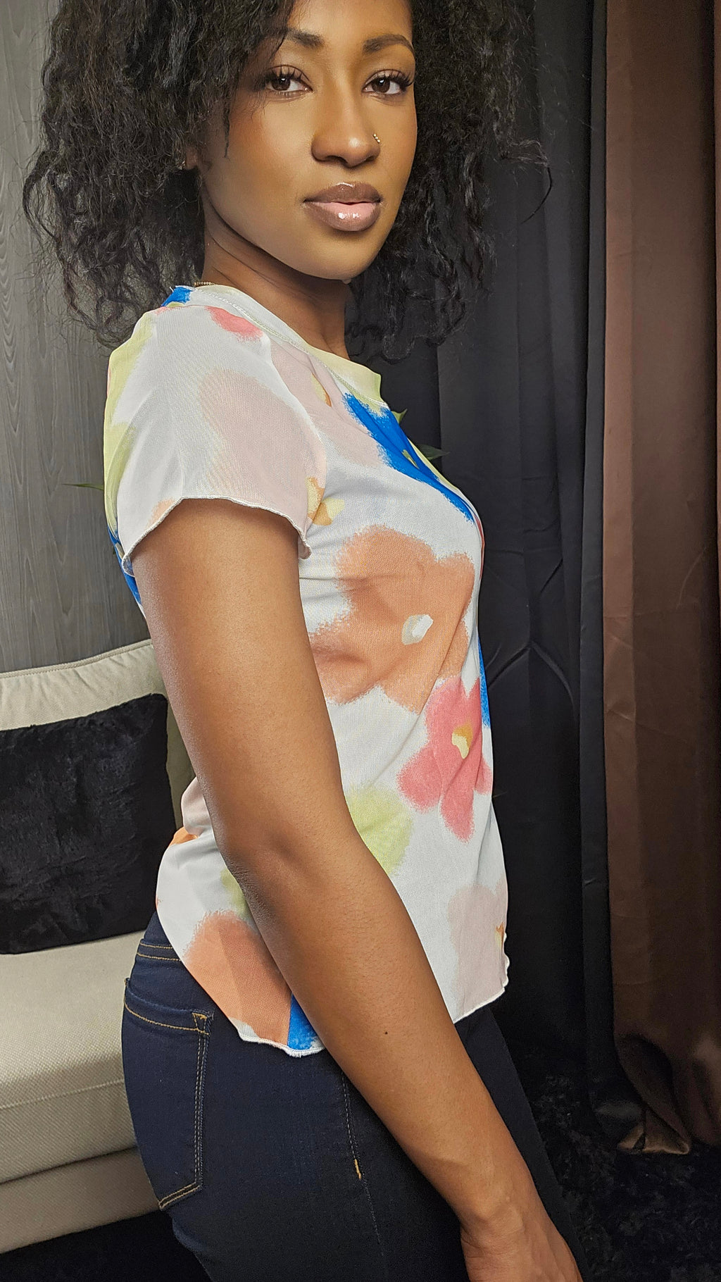 Retro Floral Print Mesh Short Sleeve Tee