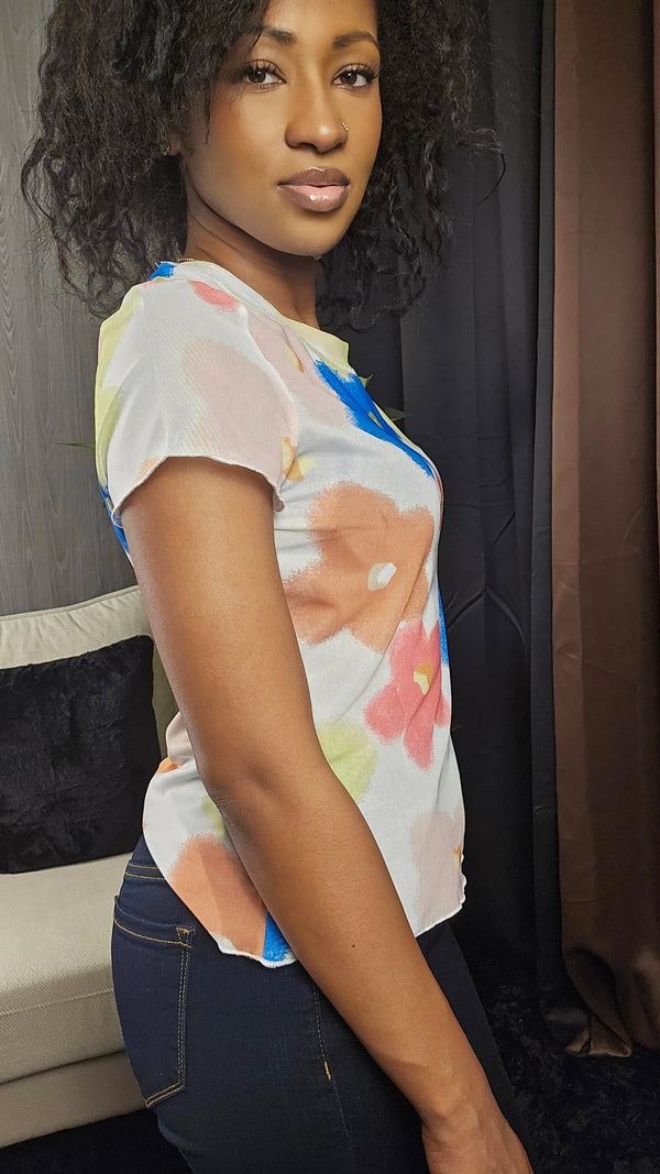 Retro Floral Print Mesh Short Sleeve Tee