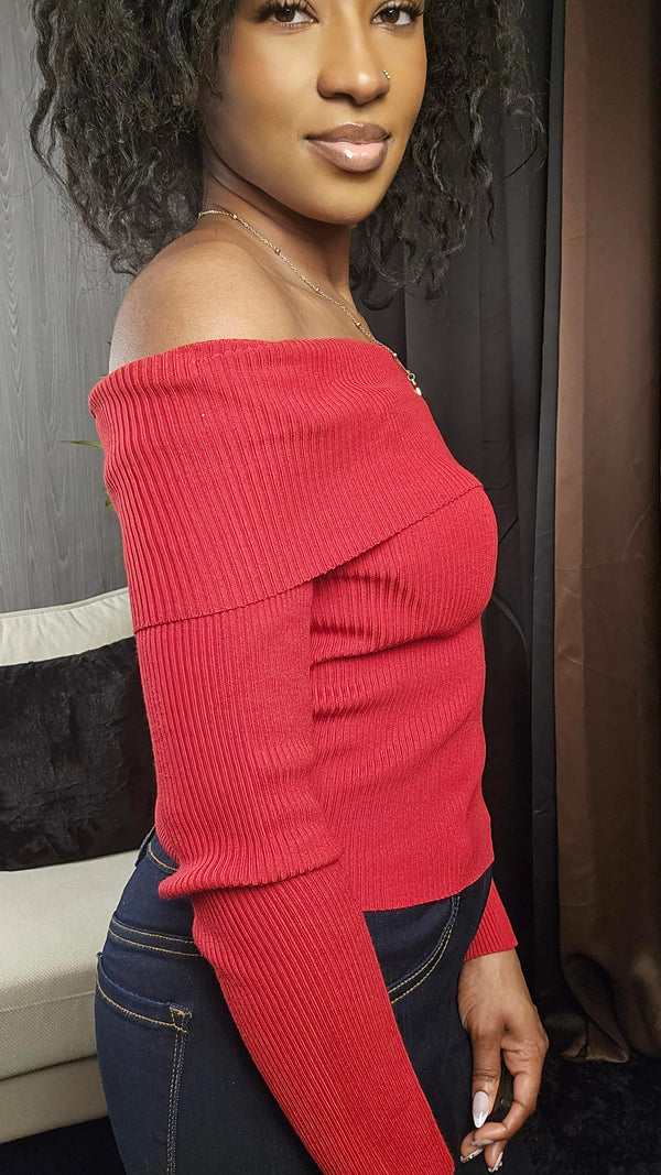 Off-The-Shoulder Foldover Ribbed Knit Top