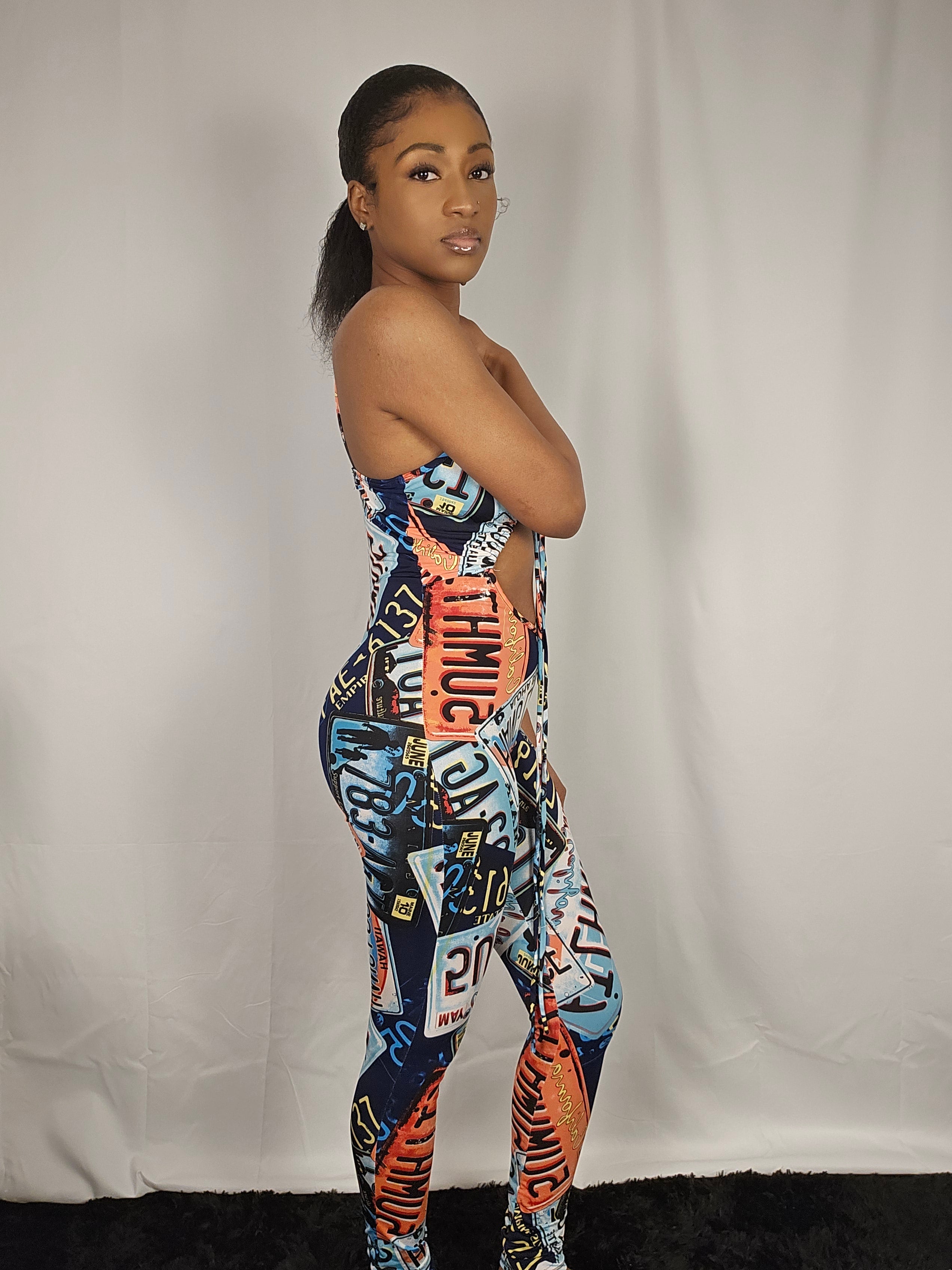 On The Road License Plate Print Cutout Jumpsuit