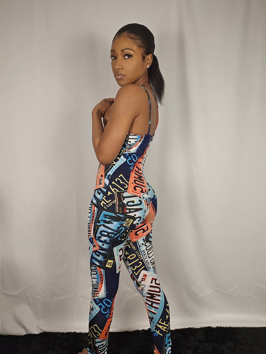 On The Road License Plate Print Cutout Jumpsuit