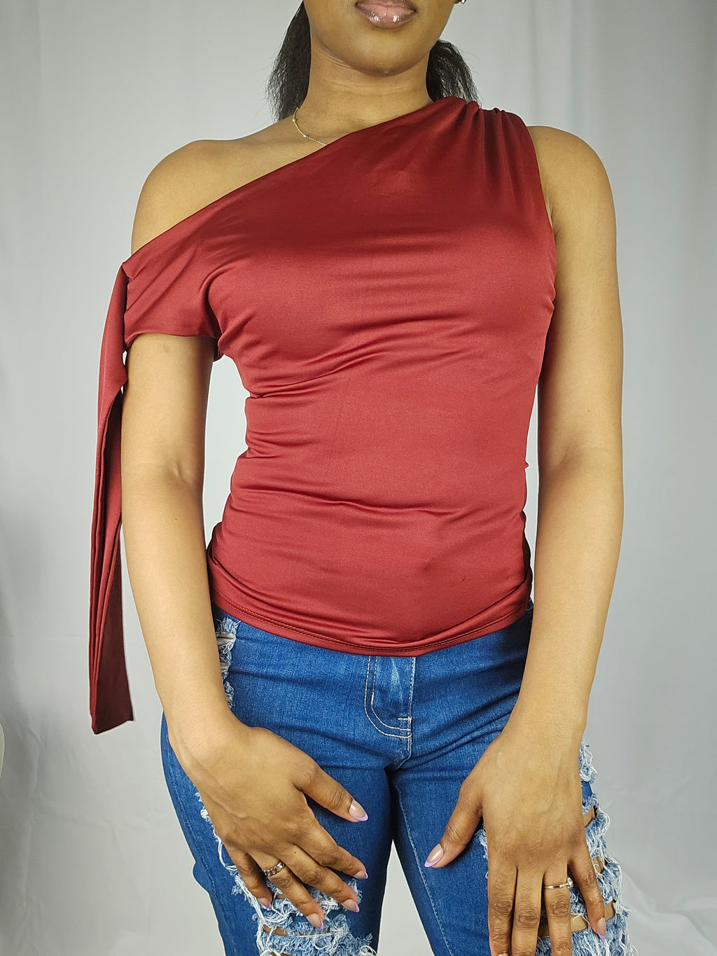 Midnight Glam One-Shoulder Draped Top - Wine