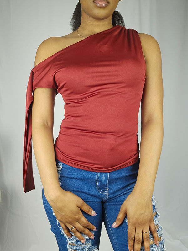 Midnight Glam One-Shoulder Draped Top - Wine