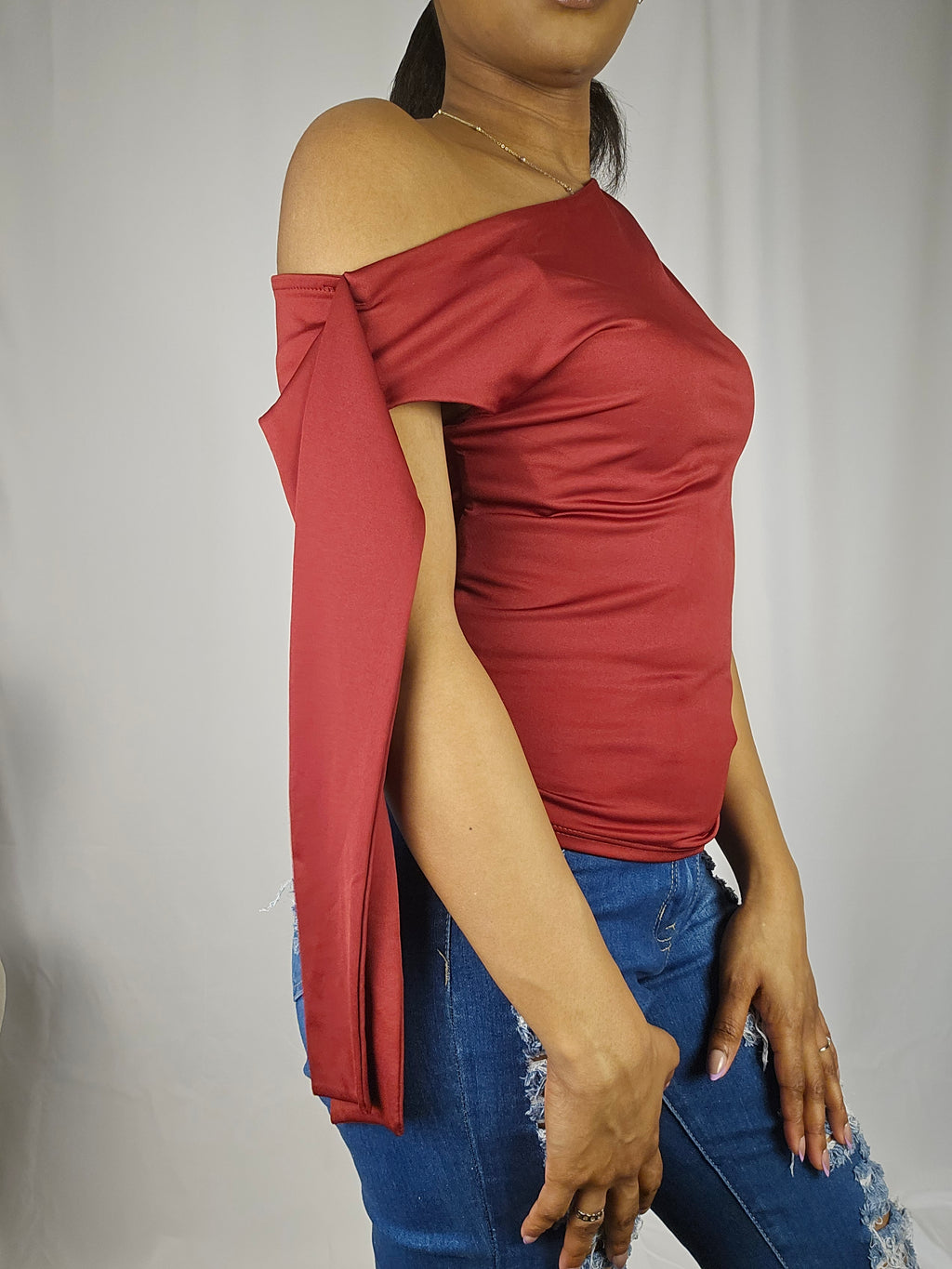 Midnight Glam One-Shoulder Draped Top - Wine