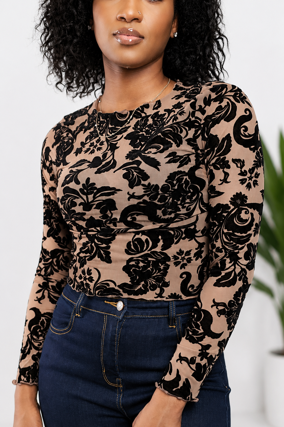 Flocked Damask Mesh Long Sleeve Top