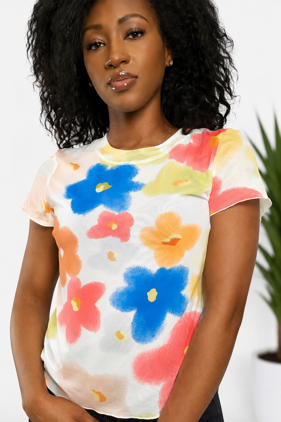 Retro Floral Print Mesh Short Sleeve Tee Main image