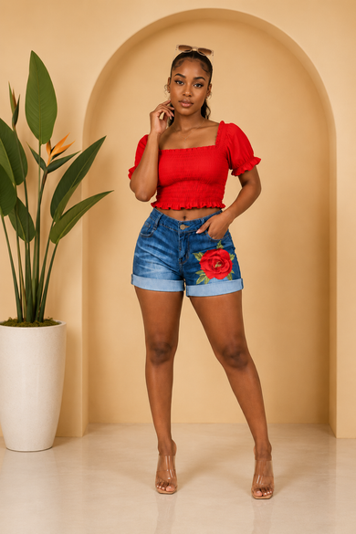 Crimson Rose Embroidered Cuffed Denim Shorts - Medium Wash