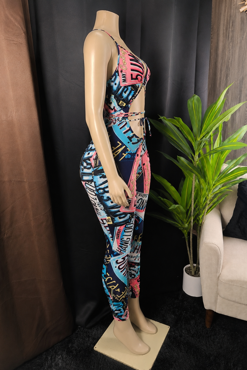 On The Road License Plate Print Cutout Jumpsuit