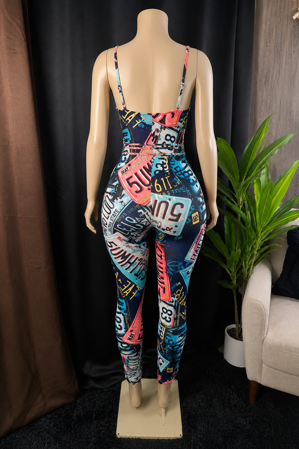 On The Road License Plate Print Cutout Jumpsuit