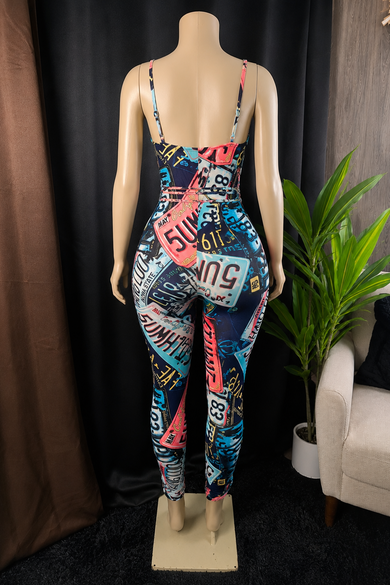 On The Road License Plate Print Cutout Jumpsuit