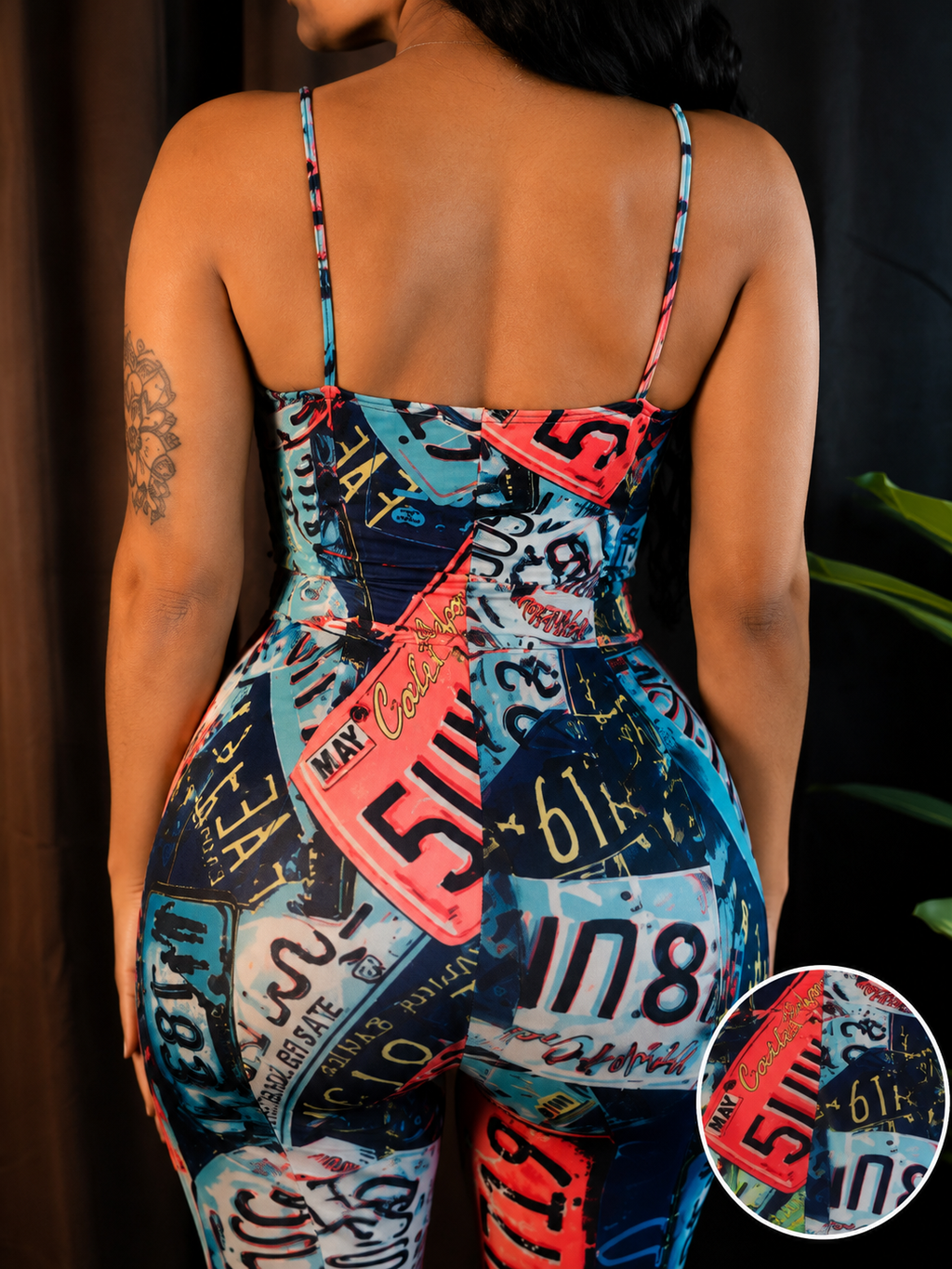 On The Road License Plate Print Cutout Jumpsuit