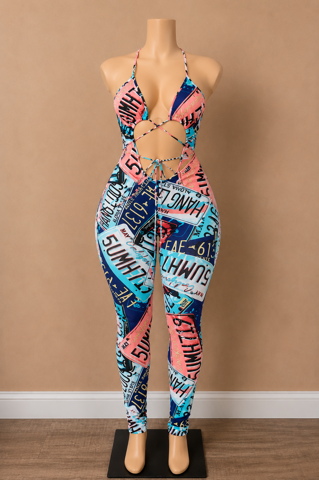 On The Road License Plate Print Cutout Jumpsuit