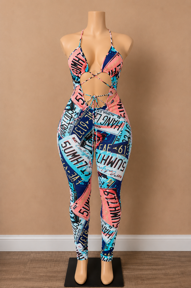 On The Road License Plate Print Cutout Jumpsuit