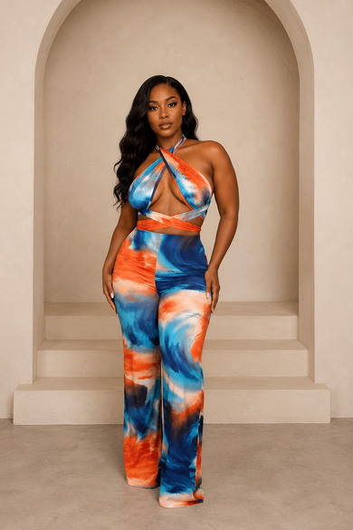 Island Oasis Abstract Multi-Way Halter & Flare Pant Set