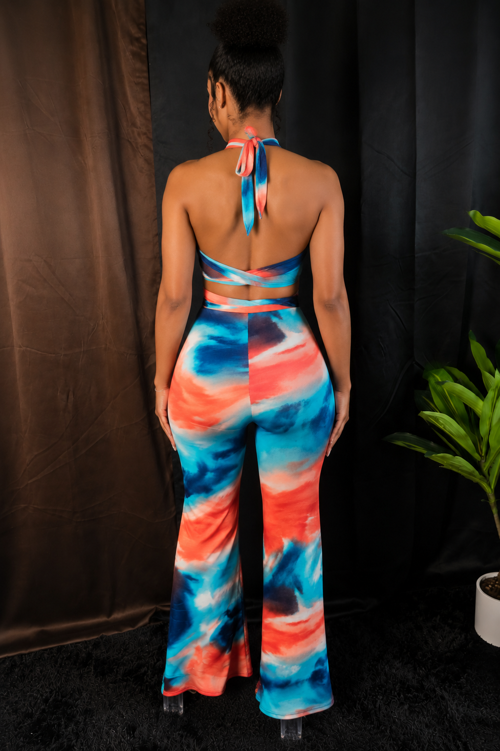 Kloset 6 Boutique Open Back Tie Dye Halter Top and Flare Pants Two Piece Set Back View