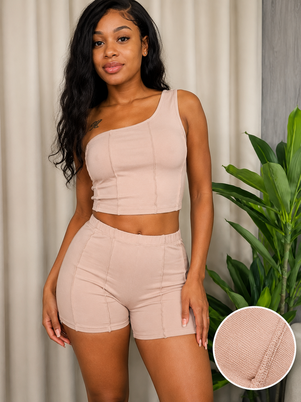 Kloset 6 Boutique Nude Beige One Shoulder Set with Fabric Swatch and Exposed Seam Detail