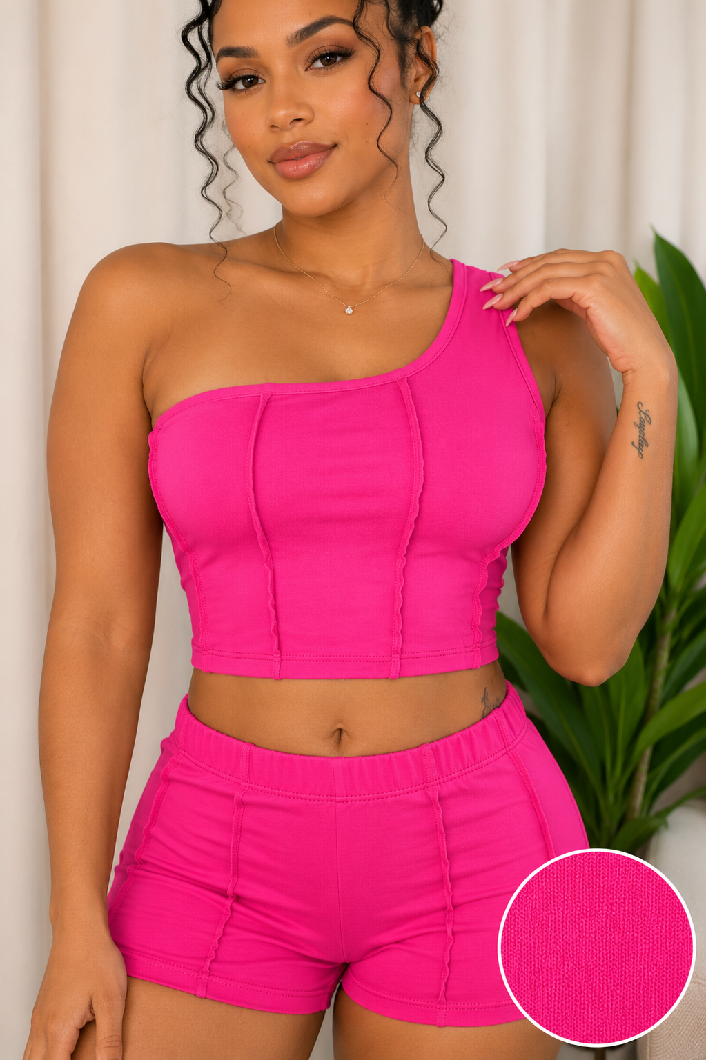 Kloset 6 Boutique Hot Pink One Shoulder Set with Fabric Swatch and Exposed Seam Detail