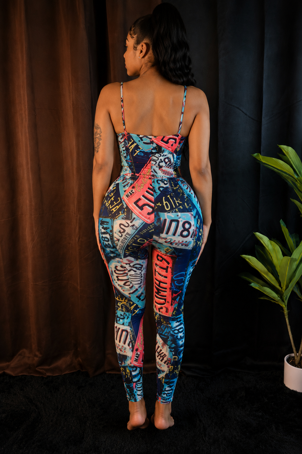 On The Road License Plate Print Cutout Jumpsuit