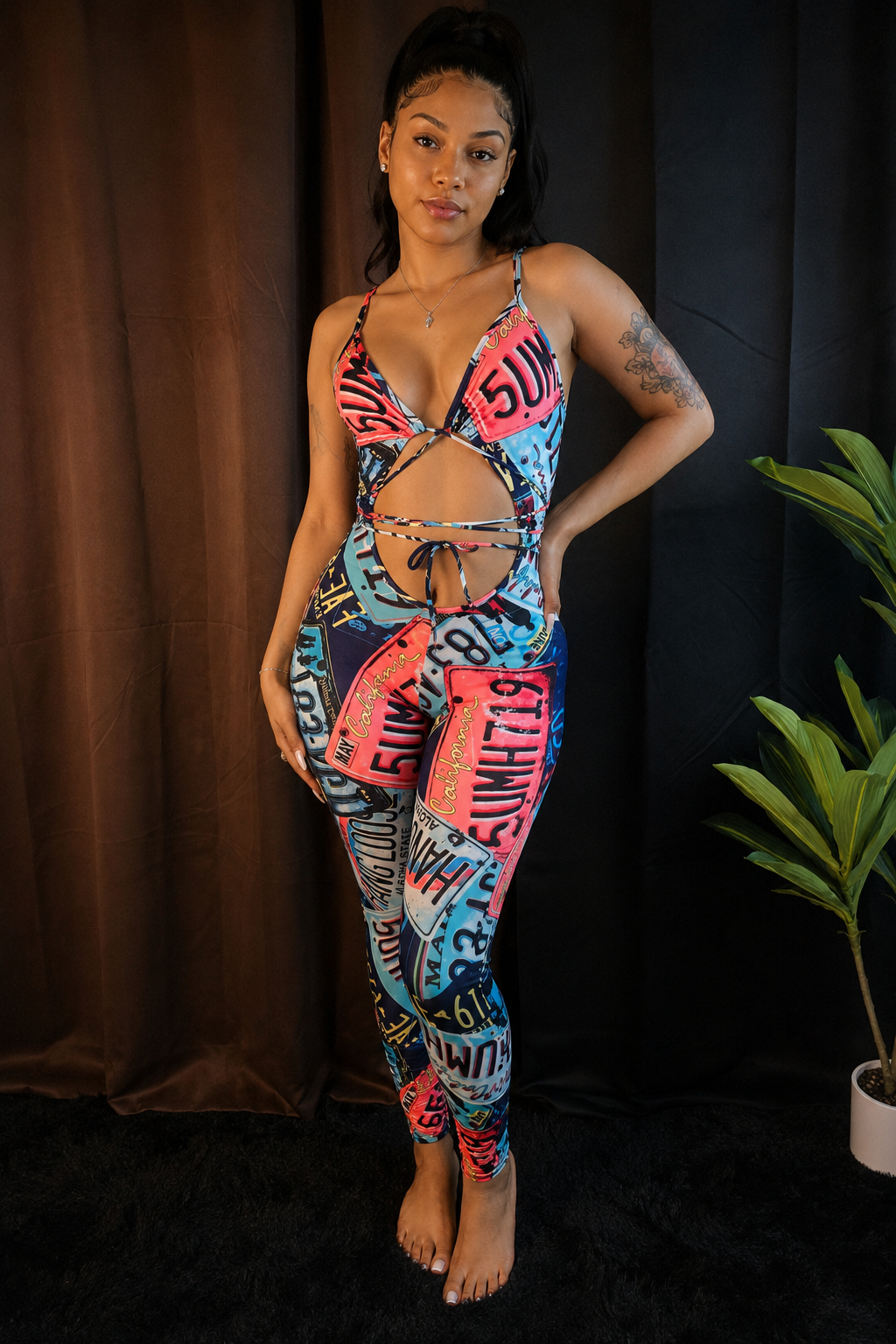 On The Road License Plate Print Cutout Jumpsuit