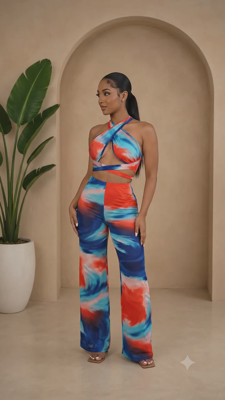 Island Oasis Abstract Multi-Way Halter & Flare Pant Set
