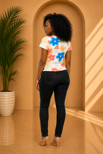 Retro Floral Print Mesh Short Sleeve Tee