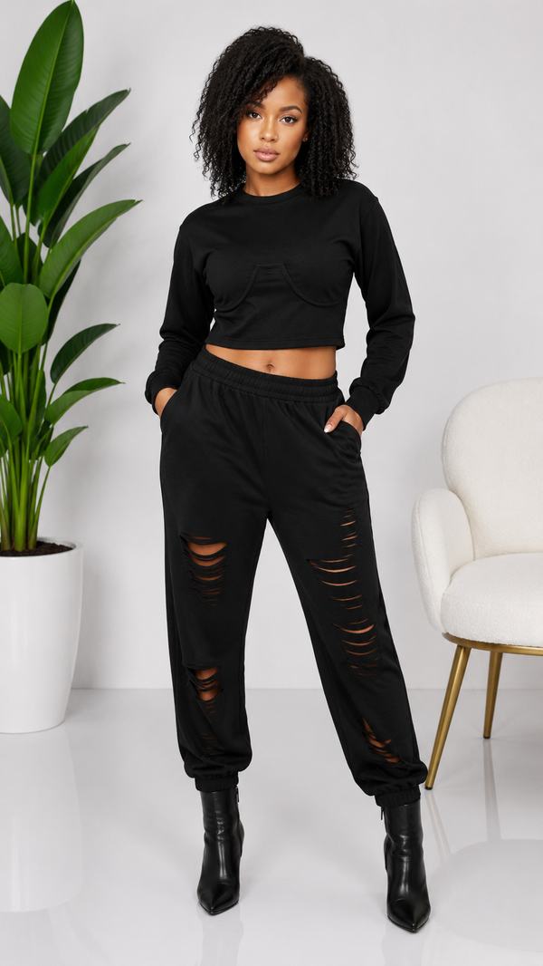 Midnight Rebel Distressed Two-Piece Set