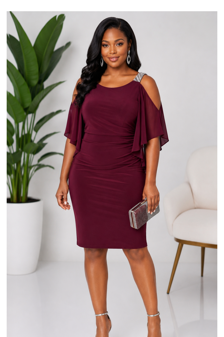 Midnight Merlot Rhinestone Cold-Shoulder Dress