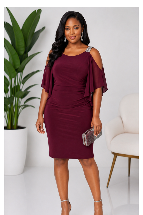 Midnight Merlot Rhinestone Cold-Shoulder Dress