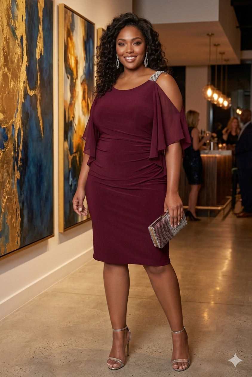 Midnight Merlot Rhinestone Cold-Shoulder Dress Main image