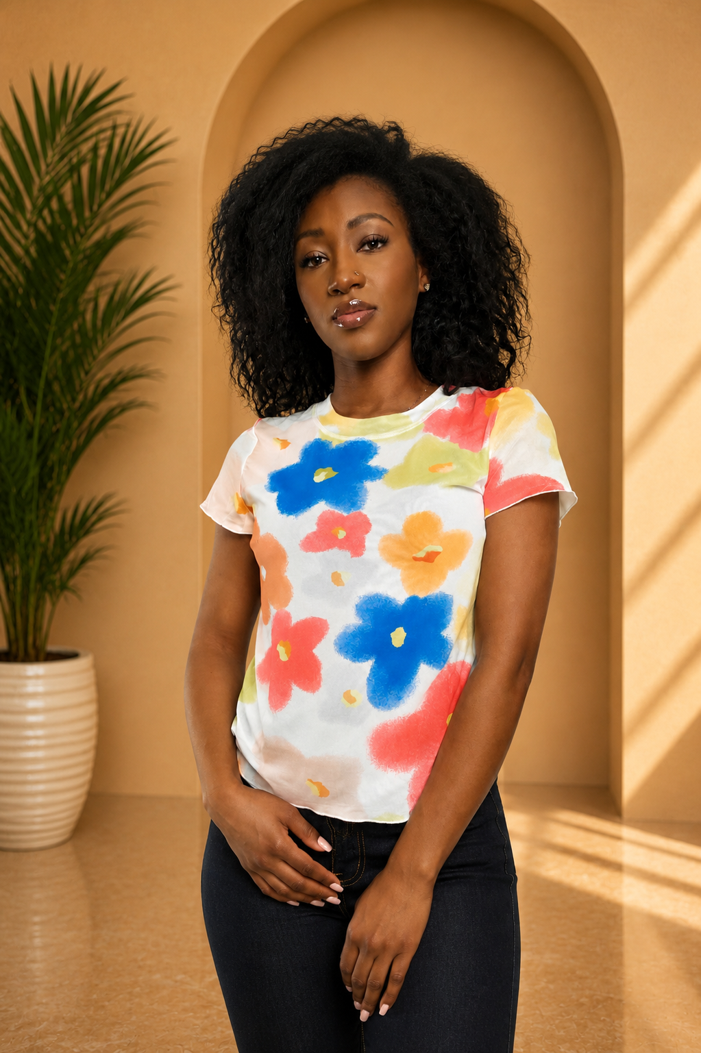Retro Floral Print Mesh Short Sleeve Tee