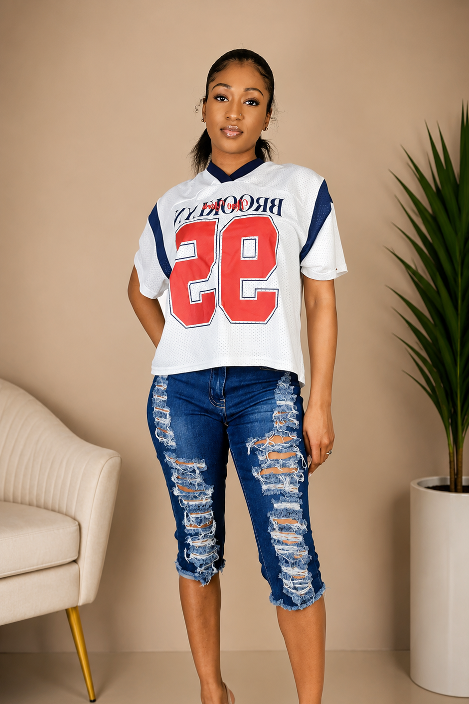 Oversized V-Neck Football Jersey Top
