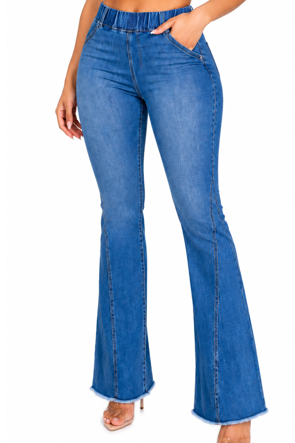 High-Rise Medium Wash Raw Hem Flare Jeans