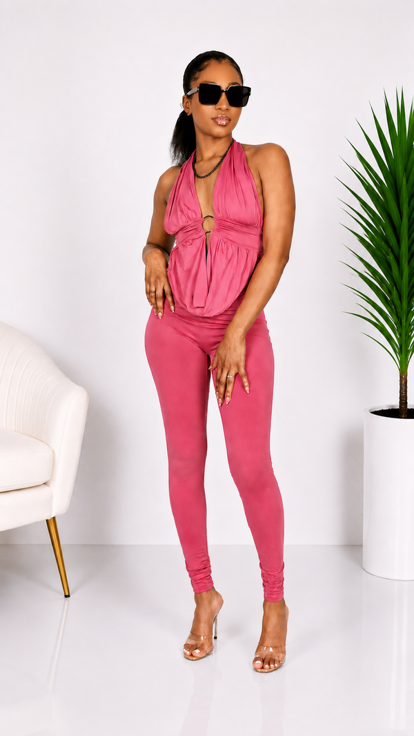 Backless Halter Jumpsuit w/Gold Ring Detail