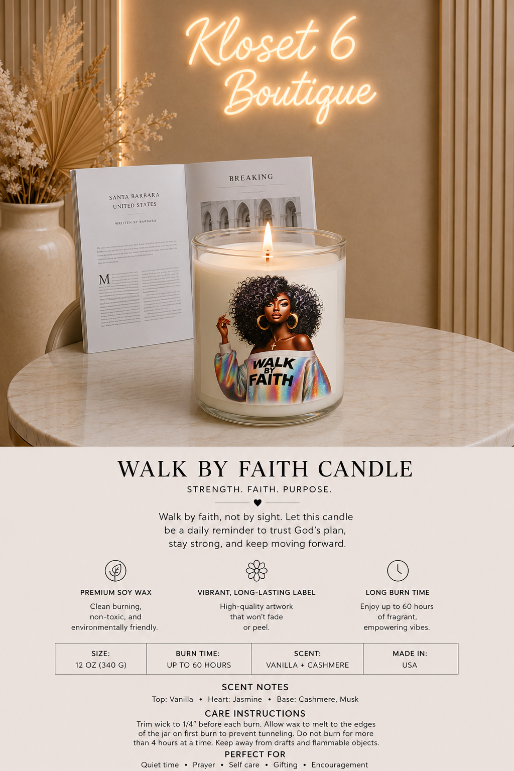 Candle with a label featuring a woman's face and text, placed on a table with decorative elements. Main image