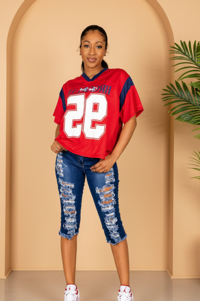 Oversized V-Neck Football Jersey Top Secondary image