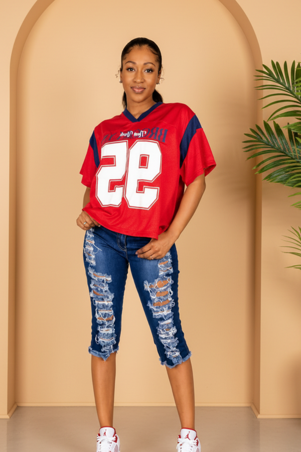 Oversized V-Neck Football Jersey Top