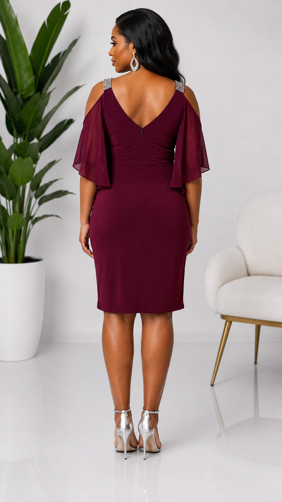 Midnight Merlot Rhinestone Cold-Shoulder Dress
