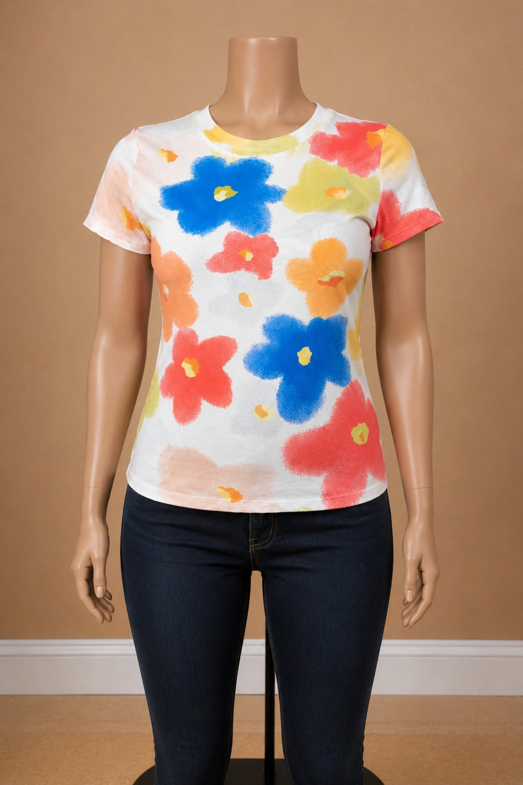 Retro Floral Print Mesh Short Sleeve Tee