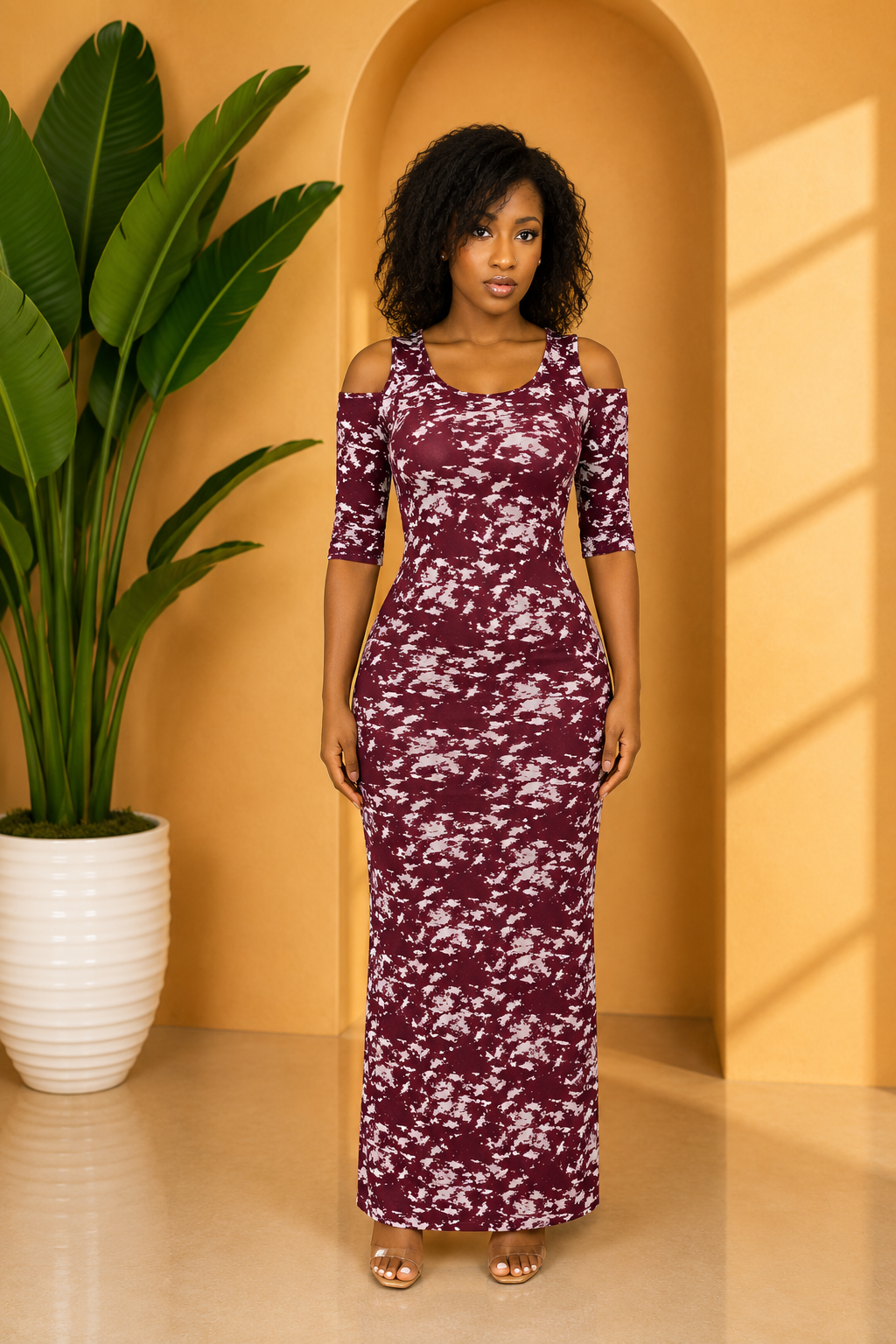 Crimson Splatter Cold-Shoulder Maxi Dress