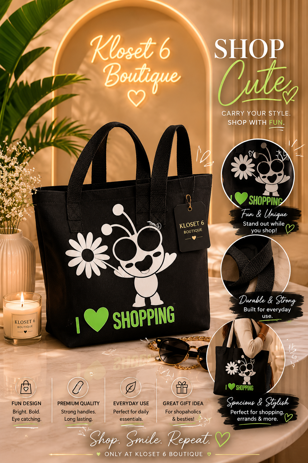Black tote bag with a character design and 'I love shopping' text, displayed in a boutique setting. Main image
