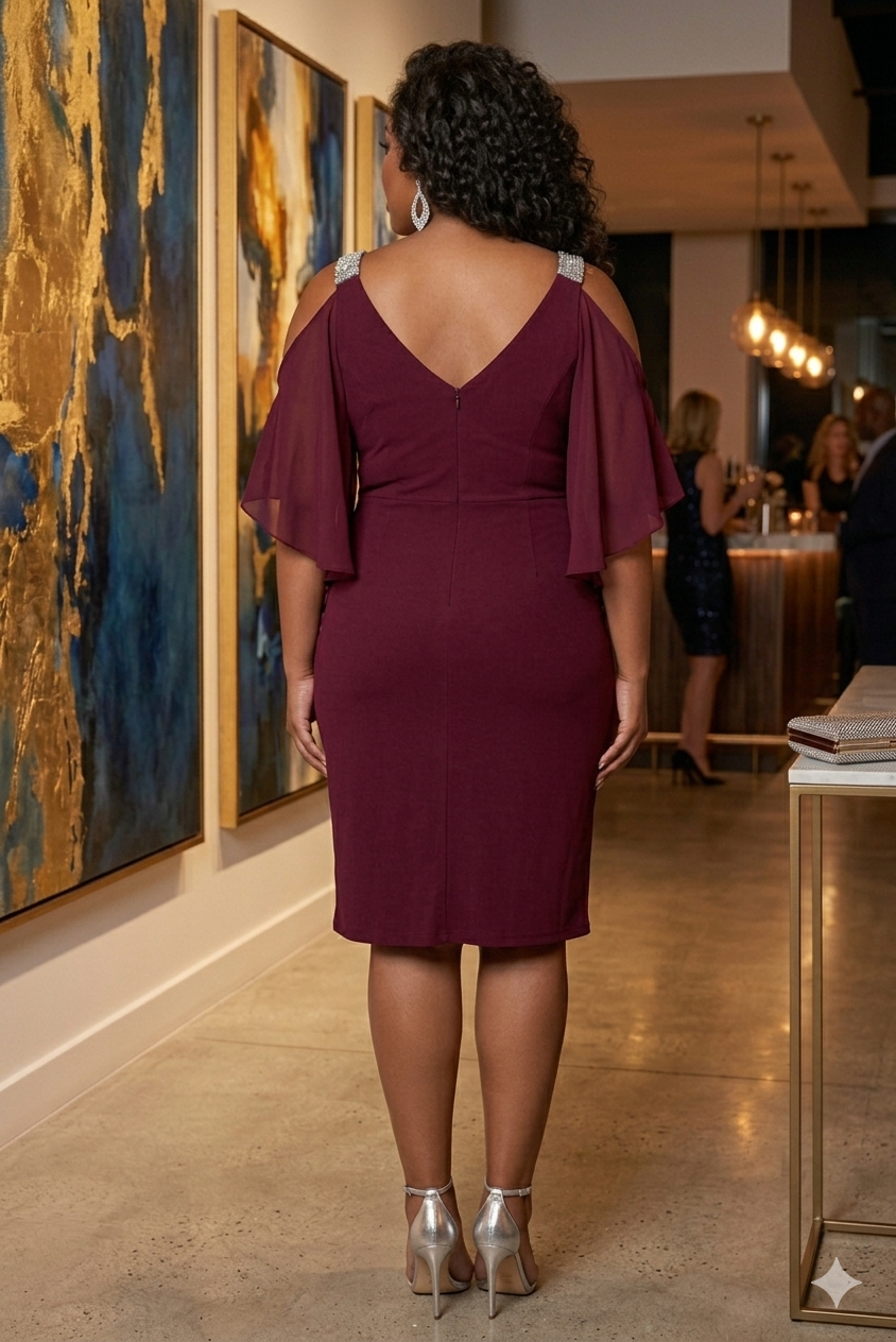 Midnight Merlot Rhinestone Cold-Shoulder Dress